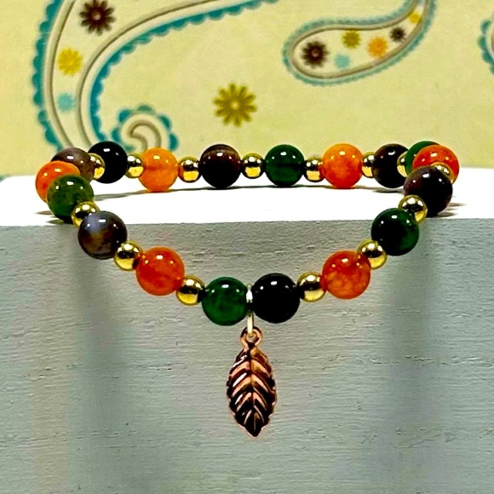 Handmade Fall Leaf Charm Bracelet with Indian Agate Gemstones!